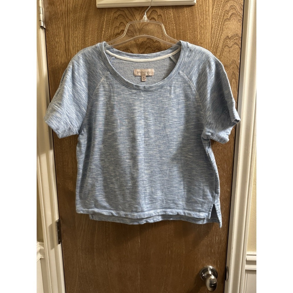 Philosophy Crop Heathered Blue Short Sleeve Sweater Cotton Blend XL Soft Comfort